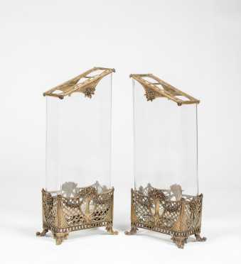 Pair 20thC Bronze and Glass Flower Vases