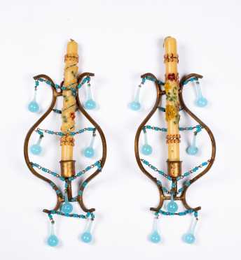 Pair of Bronze and Blue Glass Candle Sconces