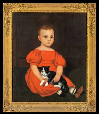 American Primitive Painting of a Young Girl with her Cat
