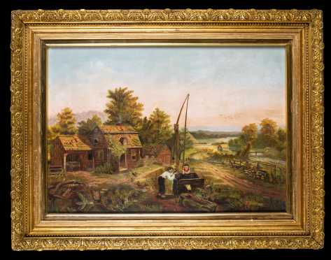 American Primitive Painting of Farm Yard with Children