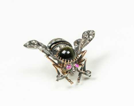 Antique Jeweled Silver on Gold Insect Brooch