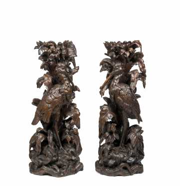 Important Pair of Black Forest Bird Carved Plinths
