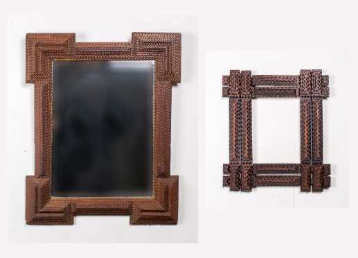 Two Tramp Art Frames with One a Mirror