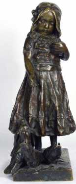 Caesar Philipp, cast bronze figure of a young girl feeding pigeon
