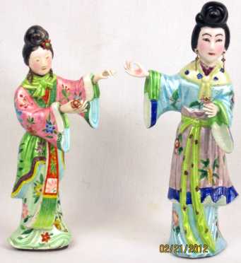 Chinese Enamel on Silver Female Figurines