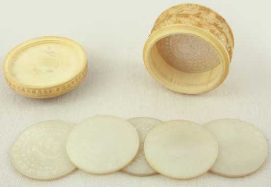 Ivory Carved Circular Whist Box With Mother of Pearl Whist Markers