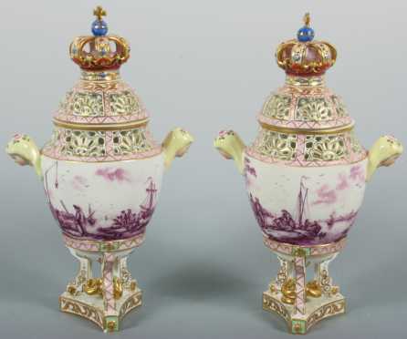 Pair of Dresden Porcelain Covered Urns
