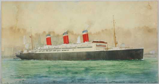William Minshall Birchall watercolor  of the "SS Leviathan, leaving NY,"