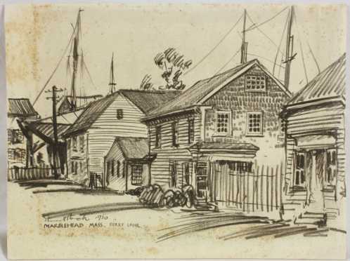 Everet Hoch,  pencil drawing of a fishing village