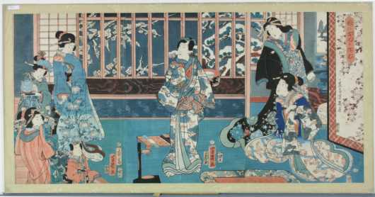 Japanese Triptych "The Music Lesson", probably by Utagawa Yoshiiku 