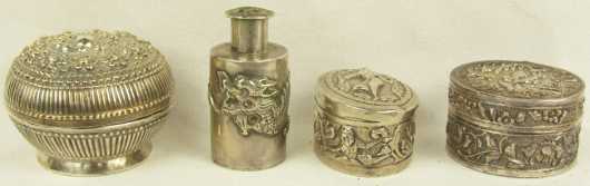 Lot of Four Oriental Silver Snuffs and Shakers