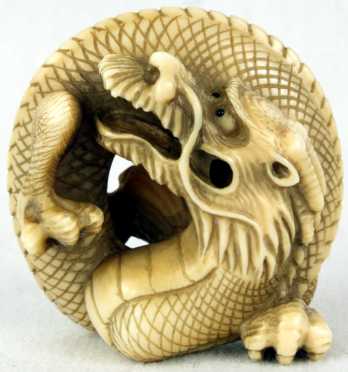 Ivory Katabori Netsuke of a Coiled Dragon
