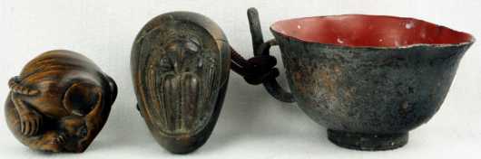 Two Wooden Katabori Netsuke and a Cup