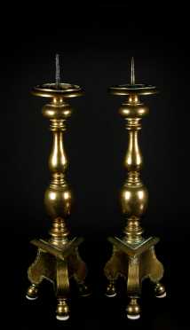 Pair of 18thC Continental Brass Pricket Candlesticks