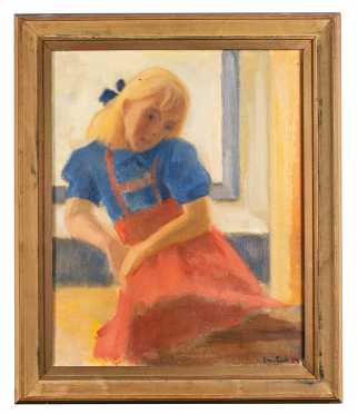 20thC Swedish Painting of a Young Girl Seated Indoors