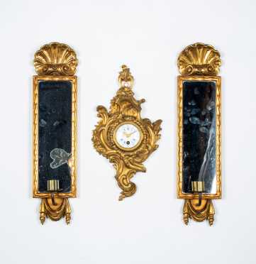 Bronze Floral Wall Clock and Pair of Candle Sconces