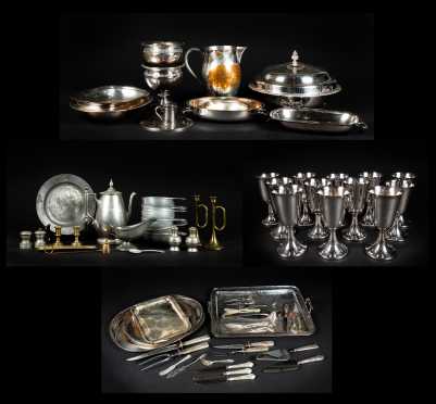 Four Trays of Miscellaneous Silver Plate, Brass and Pewter
