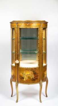 French Style Paint Decorated and Glass Curio Cabinet