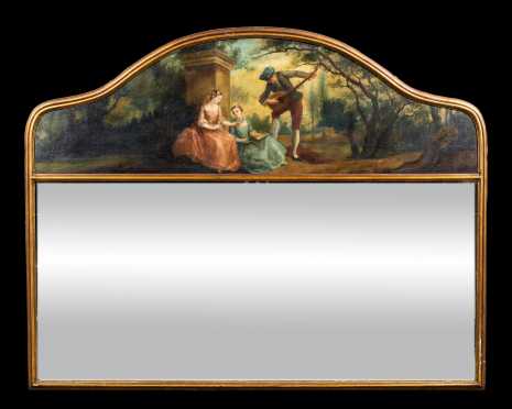 20thC Continental Overmantel Mirror with Crest Painting