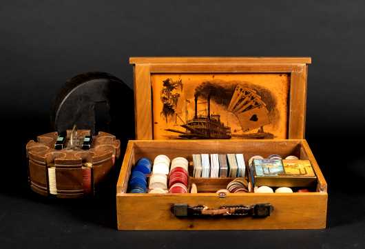 Steamboat Cased Card Gambling Boxed Set and Chip Holder