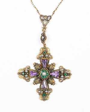 18thC Nuremberg Gold and Jeweled Cross Necklace