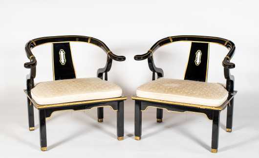 Pair of Chinese Yoke Back Armchairs in Black Lacquer