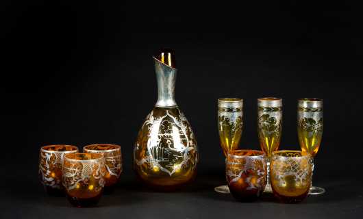 Bohemian Glass Decanter Set with Silver Overlay