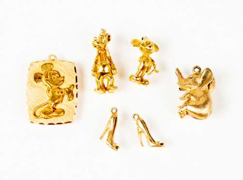 Six Disney Theme Yellow Gold Charms