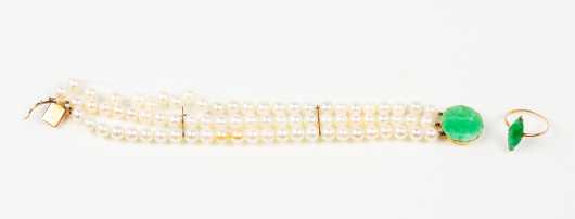 Triple Strand Pearl Bracelet with 14K Jade Clasp and 18K Jade Ring