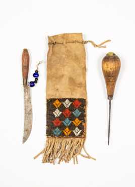 Native American Beaded Knife Pouch with Awl and Knife