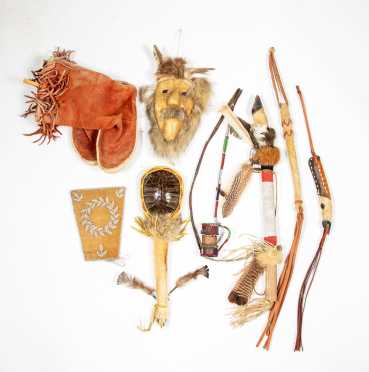 Seven Native American Ceremonial Objects and Pair of Moccasins