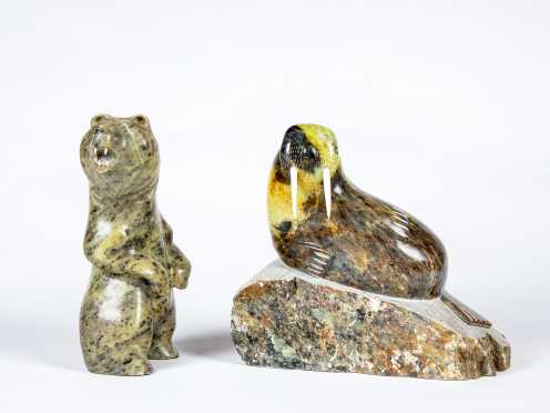 Two Inuit Carved Soapstone Sculptures by Talmadge and J. Tobuk