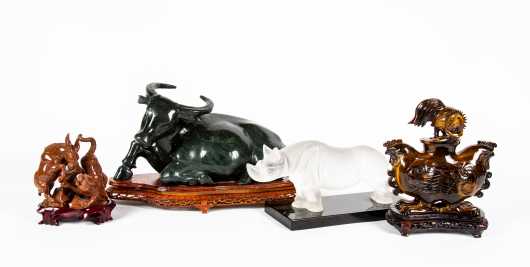 Four Chinese Carved Hardstone Animals on Wooden Bases
