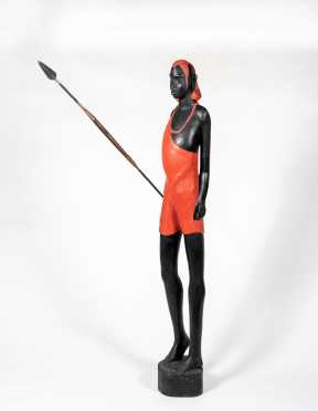 20thC Standing Maasai Warrior with Metal Spear