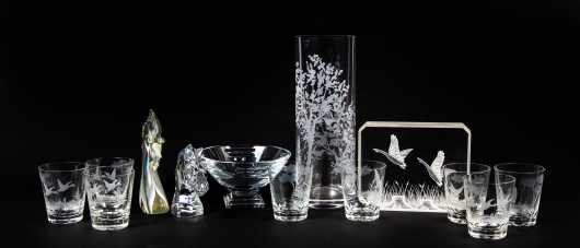 Twelve Pieces Baccarat, Waterford and Orrefors Crystal and Glass Lot along with Acrylic Block