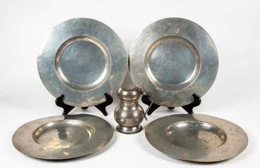 Four 17thC Style Pewter Chargers and Tankard