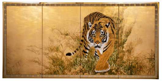 Four Panel Chinese Screen of a Stalking Tiger