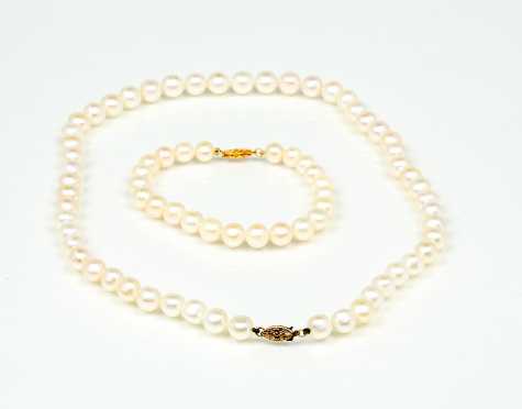 Pearl and 14K Necklace and Bracelet Set