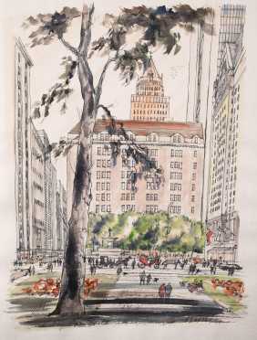 Grand Army Plaza, NYC, Watercolor and Ink, 1974