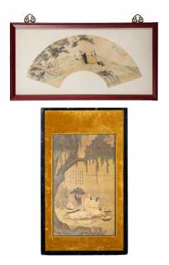 Chinese Print of a Painting and a Framed Watercolor Fan