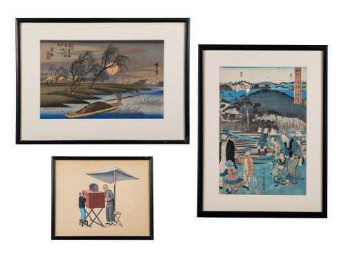 Two Japanese Block Prints and Chinese Watercolor Painting