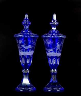 Pair of Art Overlay Covered Vases