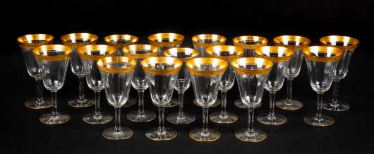 Set of Nineteen Gold Rimmed Stem Wine Glasses