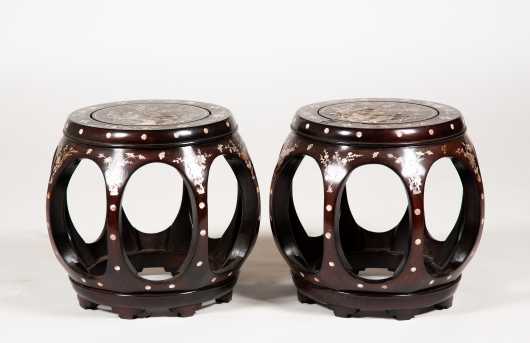20thC Chinese Pair of Mother of Pearl Inlay Rosewood Barrel Form Stools