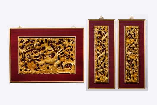 20thC Set of Three Chinese Gold Painted Carved Panels
