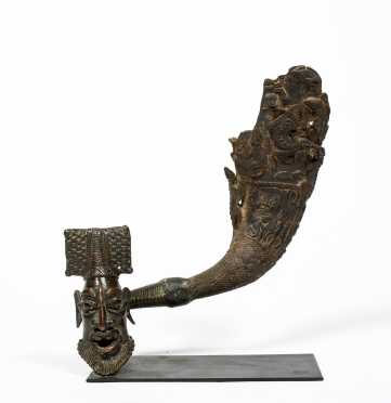A Cameroon Cast Bronze and Carved Horn Assemblage