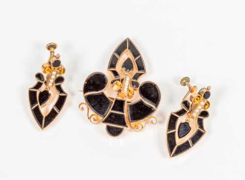 Antique Gold, Onyx and Pearl Brooch with Matching Earrings