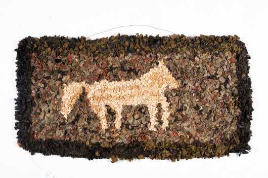 19thC Folky Hooked Rug with Horse