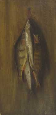 Oil, late 19th/Early 20th C, Still life of 4 hanging fish