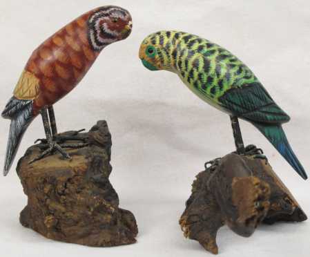 Pair of painted Parakeets, signed "R. Morse"